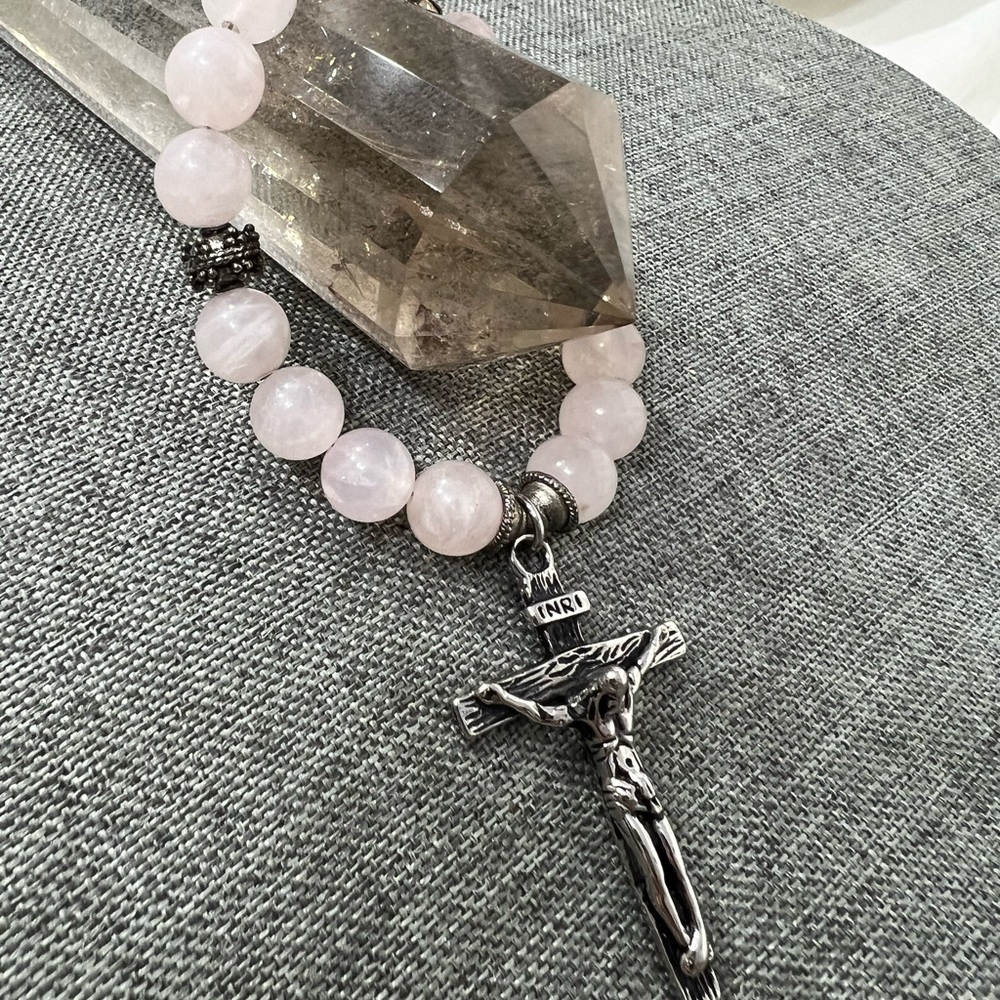 Rosary" Bracelet Rose Quartz Stone with Cross Stainless Steel Silver ☑️ - Picture 13 of 14